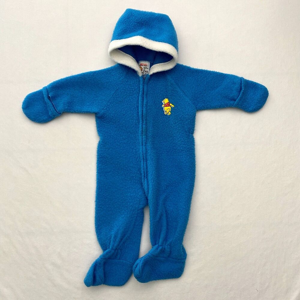 VTG Winnie the Pooh Footie Pajamas Sleeper Hooded Fleece Medium Blue Sears